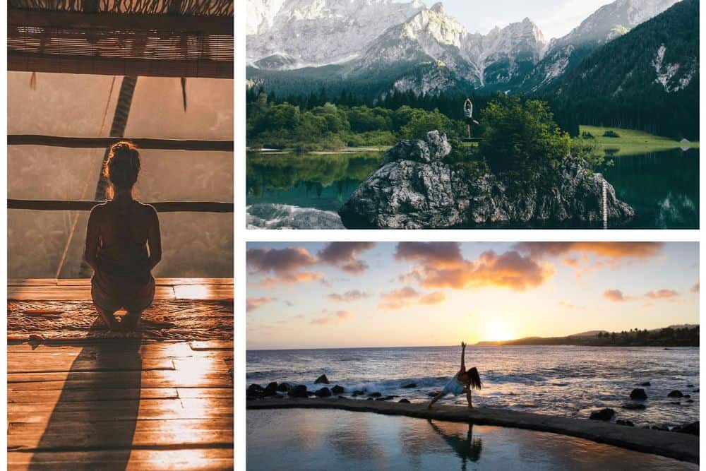 Three different scenes of someone doing a yoga post outdoors