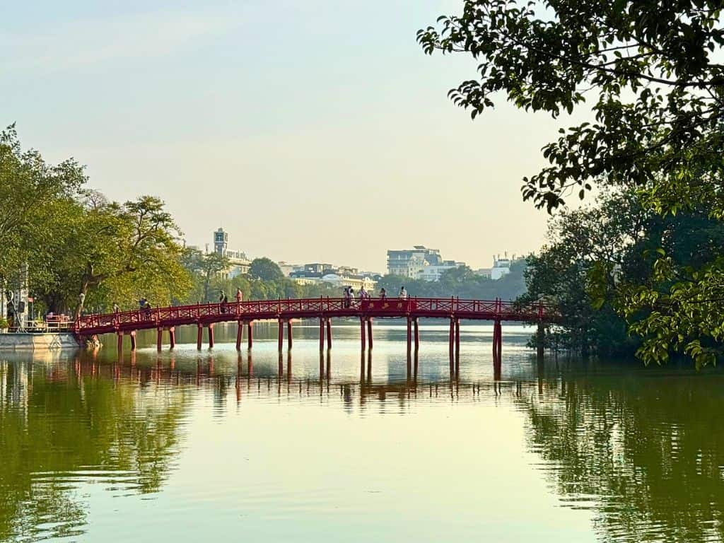 Red bridge across the lake