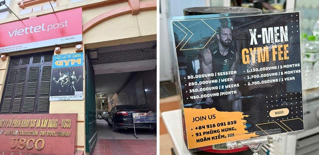 Two gym photos - the entrance and the second photo saying x-men gym fee with the pricing