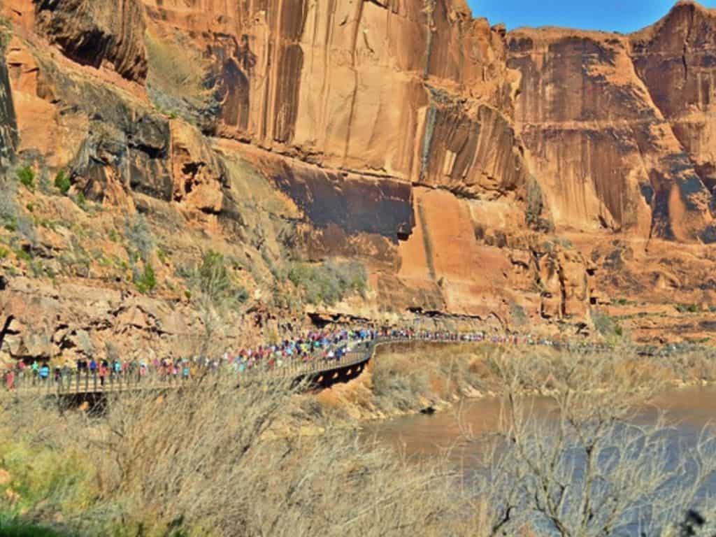 The photo is taken from further away showing a strip of runners running along a road up against an orange canyon.  In the foreground there's desert brush and water flowing.