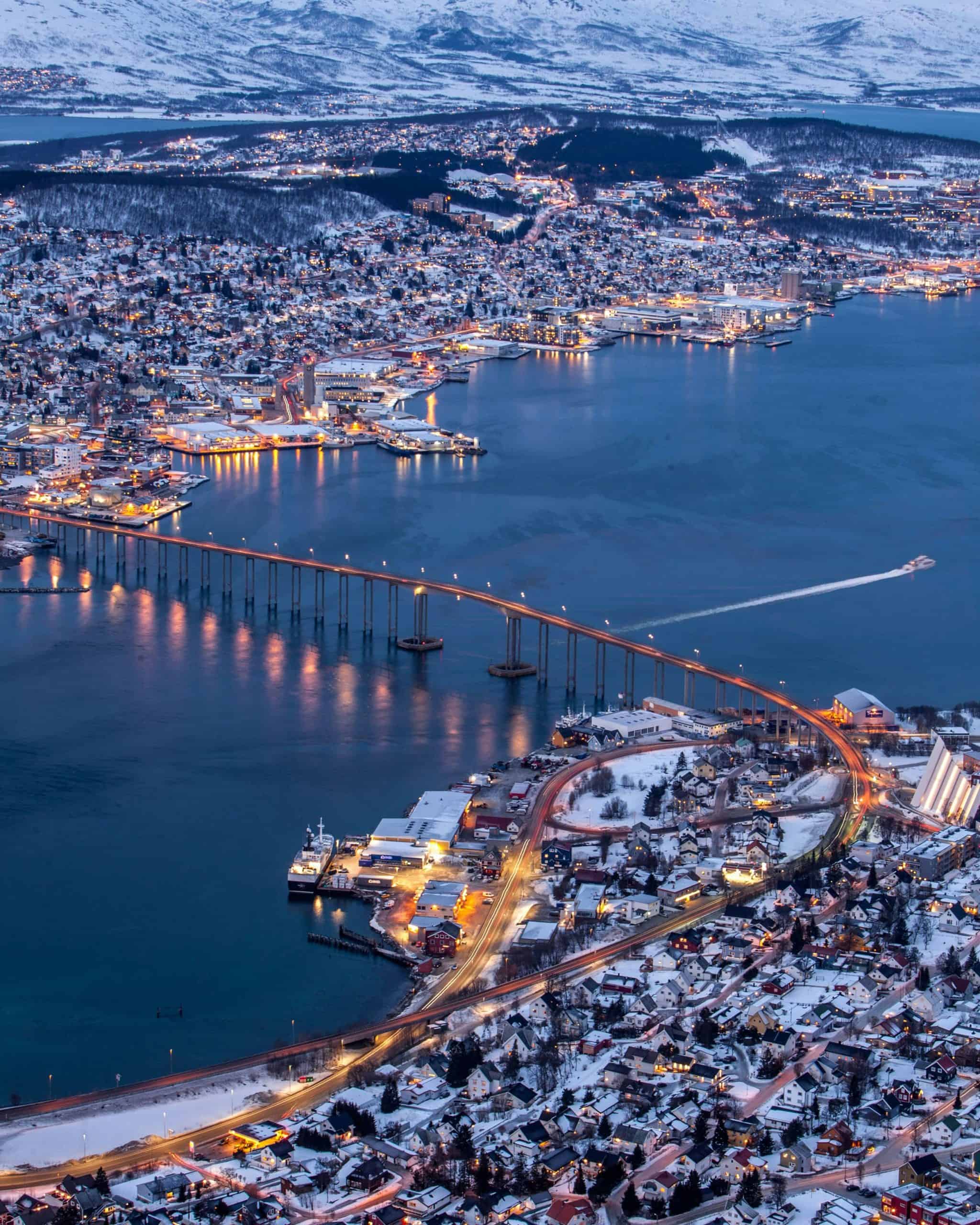 View from Tromso island and the famous bridge from above.  It's a little dark, but there's lights and some snow on the ground.