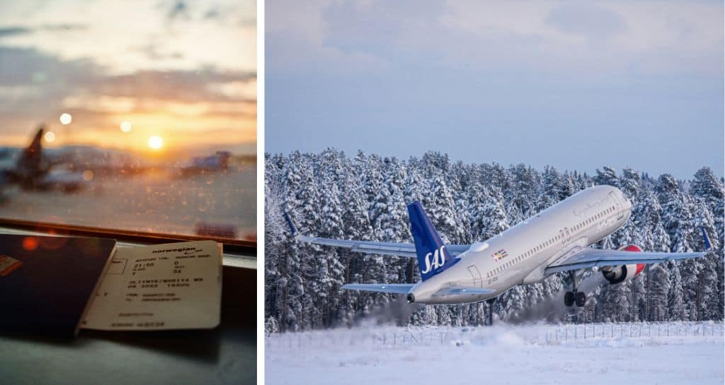 Left image shows boarding pass for Norwegian with a sunset out the airport window.  Right photo shows SAS plane in snowy landscape taking off.