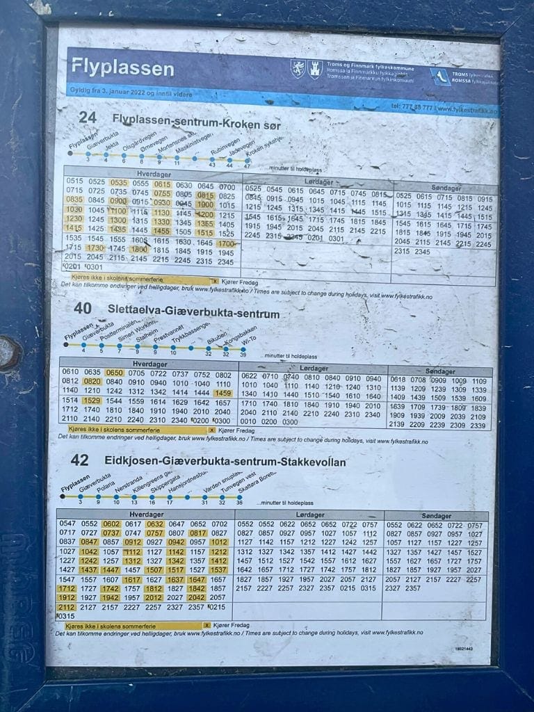 Flyplassen bus schedule listing the bus times for 24, 40, 42 bus routes.