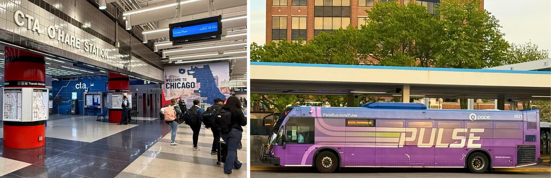 The CTA at Chicago ORD airport. The right image is a purple PULSE bus from the CTA.