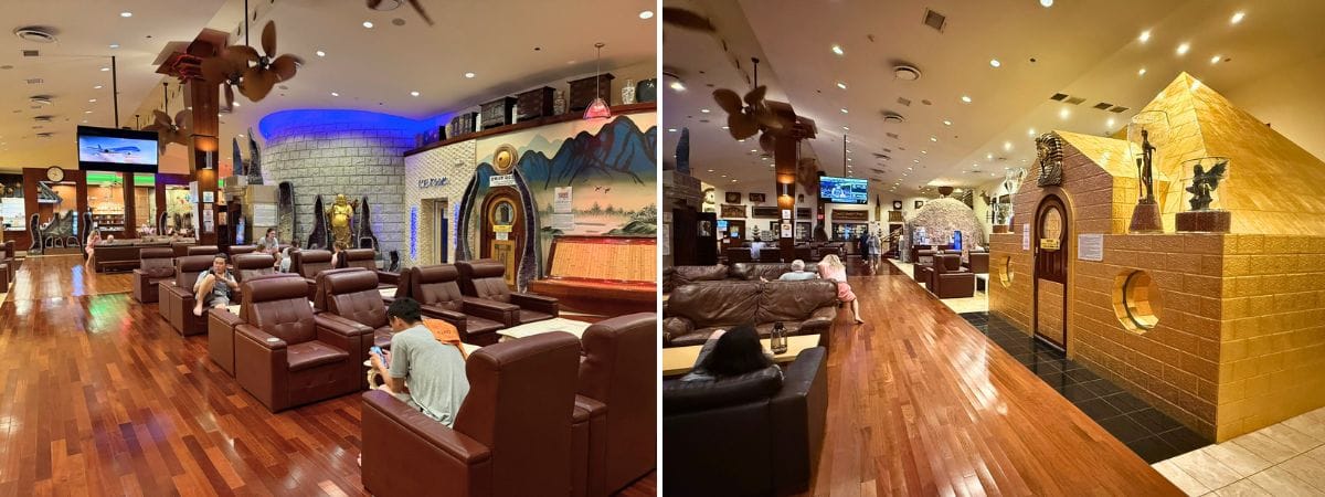 King Spa Chicago main floor. Two photos taken from opposite end showing some of the exterior saunas (like a gold pyramid) and couch chairs for sitting.