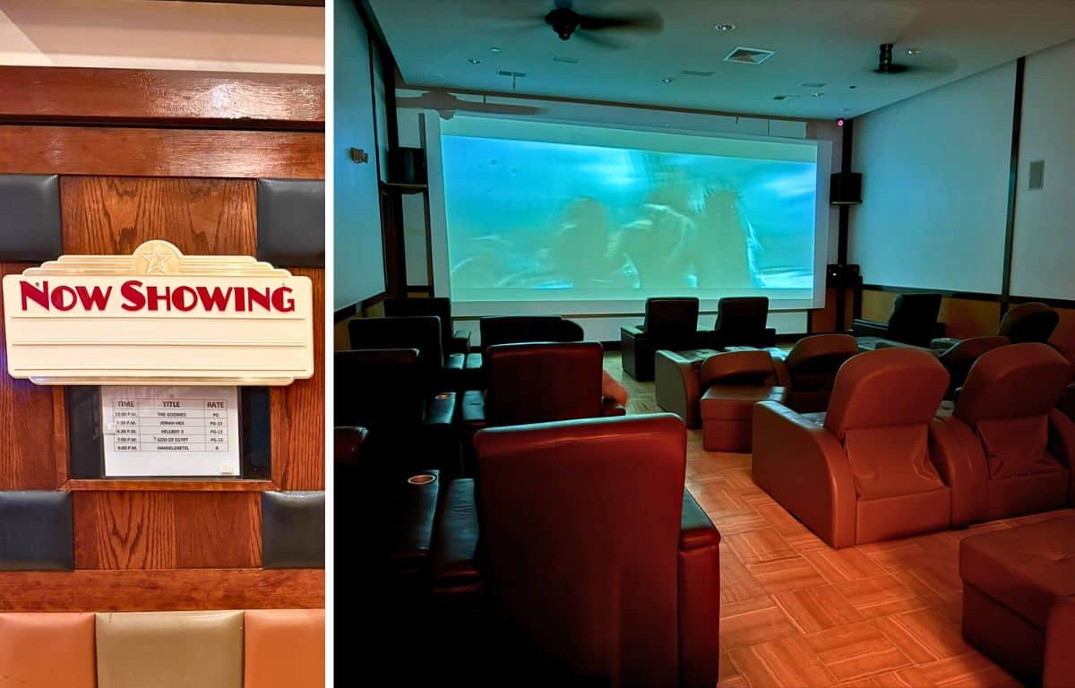 Movie theater at King Spa Chicago showing the listed showtimes of movies plus the large movie screen with plenty of comfy seating.