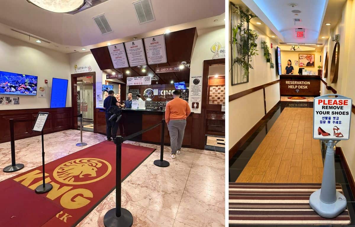 The left image shows the lobby of King Spa Chicago. There is a front desk. The right photo shows after walking down the hallway to the women's locker room, a sign saying to remove shoes before getting to the reservation desk.