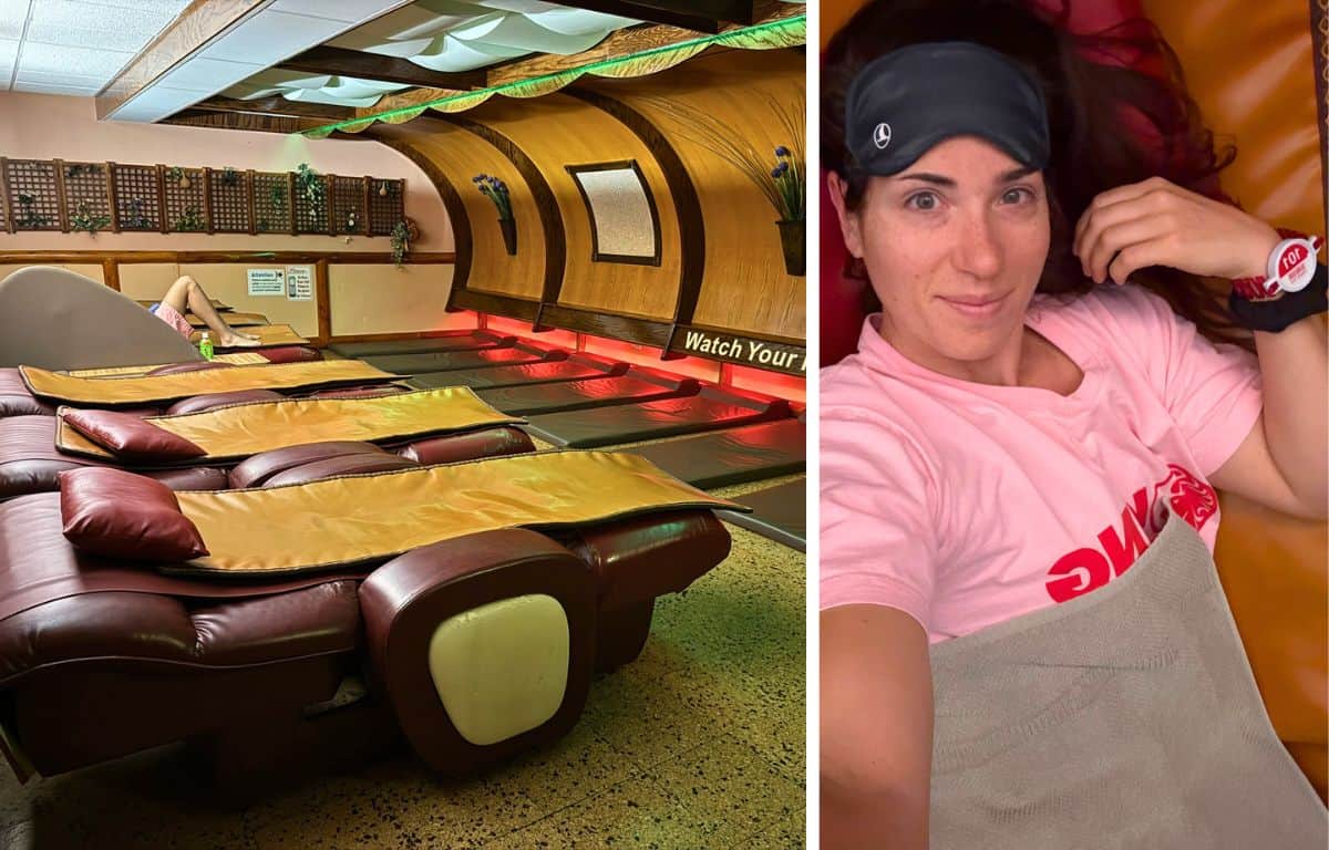 The left image shows a row of beds and on the opposite wall there are mats with a red light low on the ground. This is the infared room in King Spa Chicago. The right photo shows Heidi ready for bed with a blanket, her King Spa uniform and bracelet, with an eye mask above her eyes.