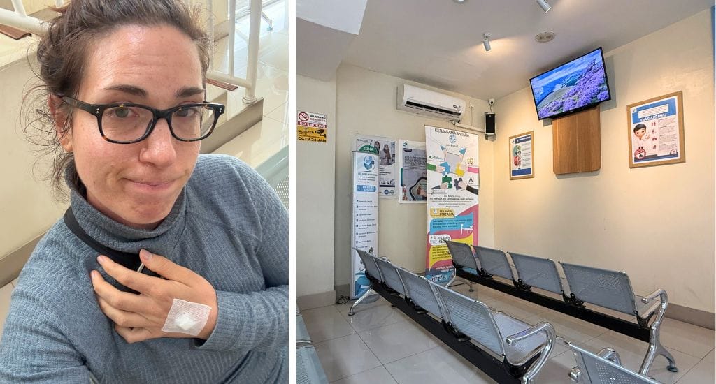 Heidi during her hospital visit in Bali. There's a photo of the hospital waiting area and a photo of Heidi with a bandage on her hand from her IV drip.