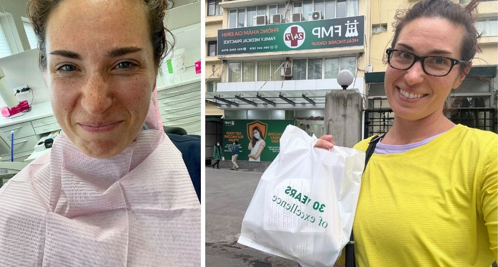 Two photos of Heidi. One with a dental bib on before her emergency filling. A second photo of her holding medication while in Vietnam.