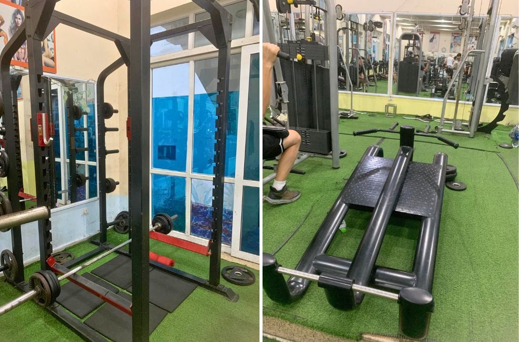 Two photos inside the X-Men Gym in Hanoi showing a lifting cage as well as a sled