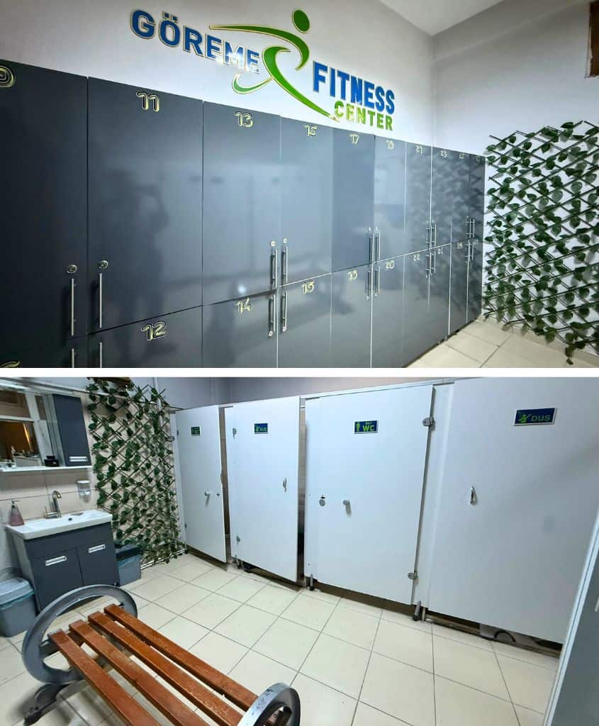 Two photos showing the shared locker room for the Goreme Fitness Center gym