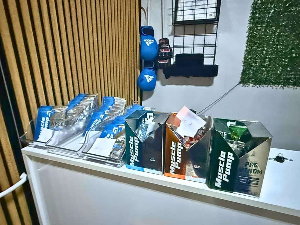 Goreme Fitness Center gym's from desk showing protein powder and preworkout