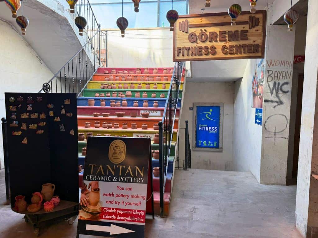 Steps leading down to the Goreme Fitness Center gym