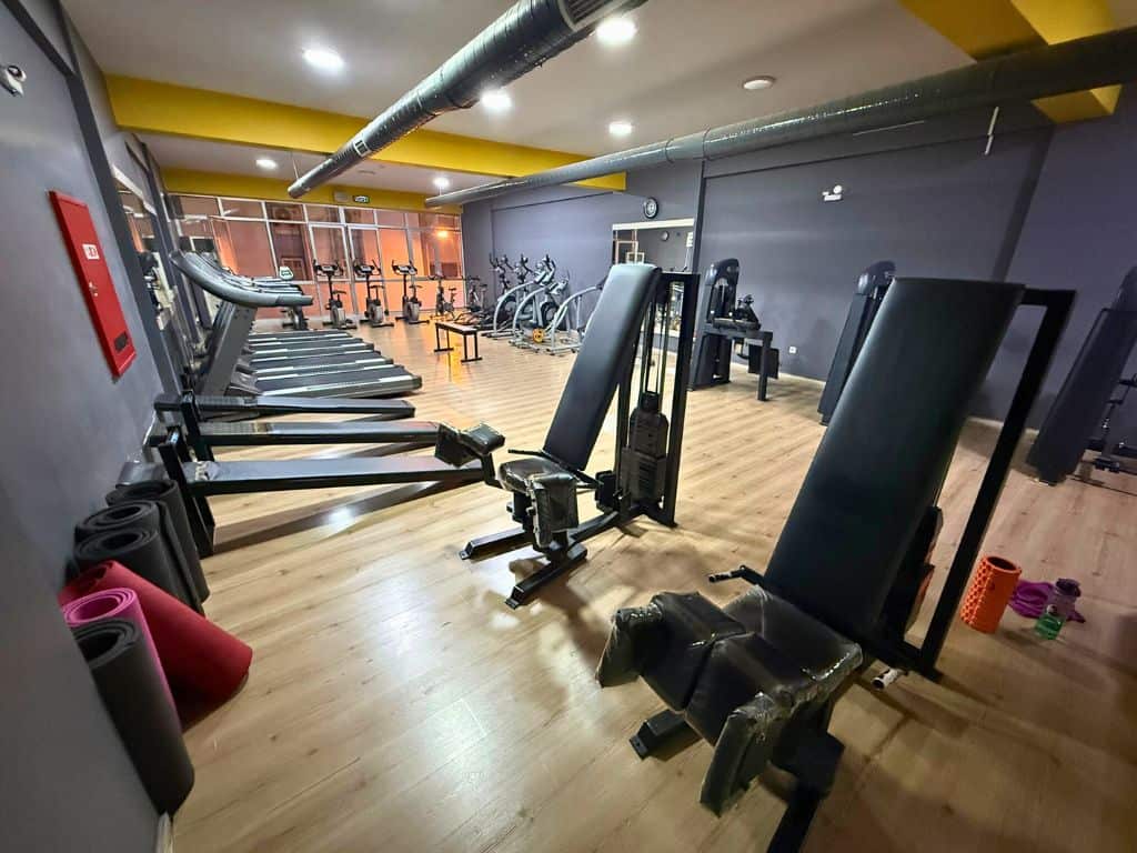 Second floor cardio equipment, machines, and yoga mats at the Selcuk gym Mekibu Fitness Club