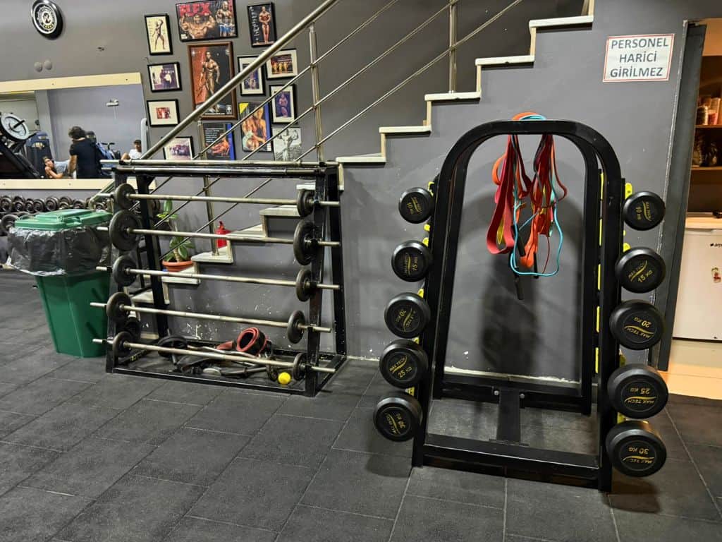 Various barbells at the Selcuk gym Mekibu Fitness Club