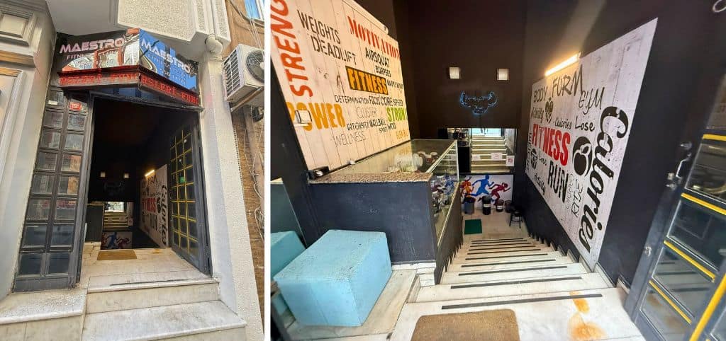 Street view of the main entrance and photo of the staircase leading down to the gym