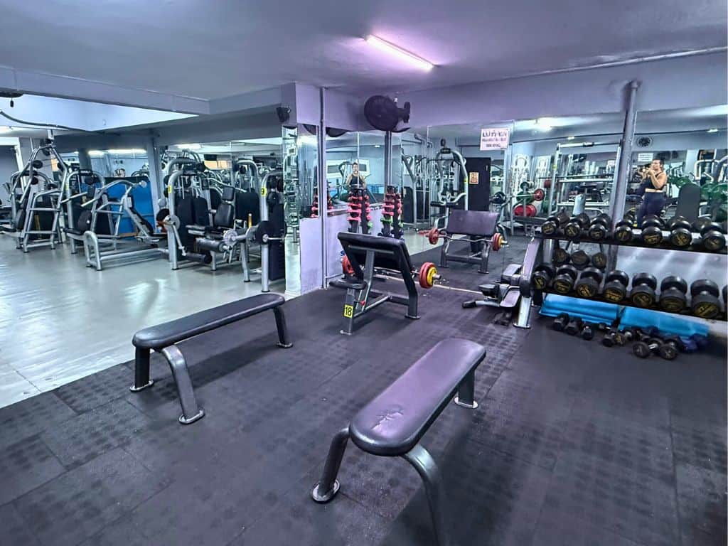 Two racks of dumbbells and weight benches