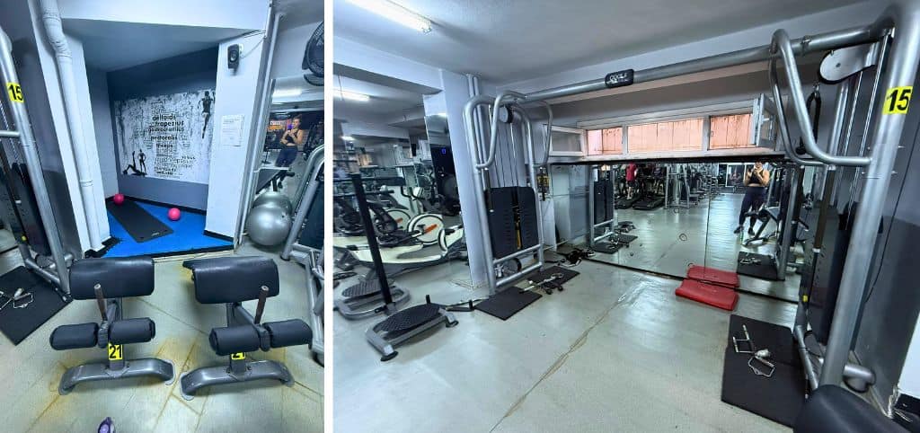 Corner platform with stability balls as well as photo of double wide cable machines