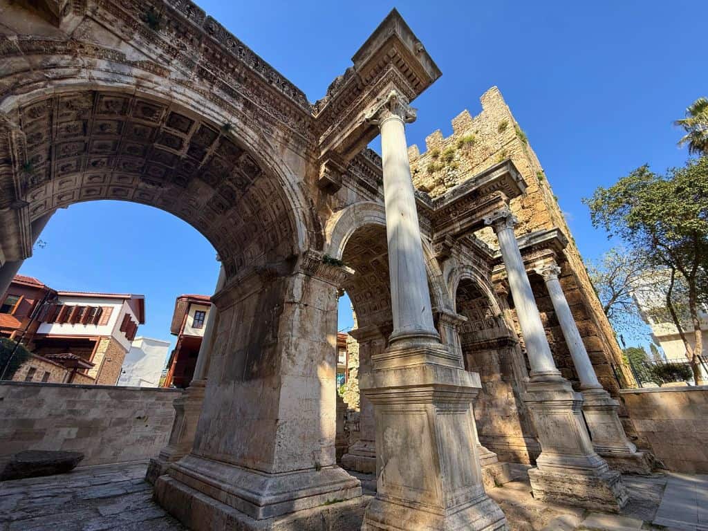 Close up view of Hadrian's Gate in Antalya, Turkiye