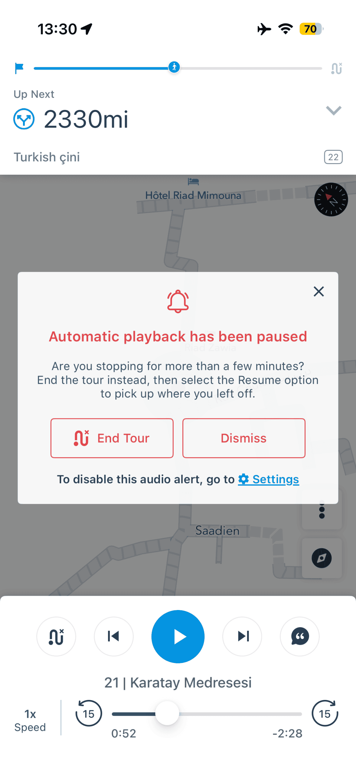 VoiceMap audio tour app interface showing the display when the tour is paused