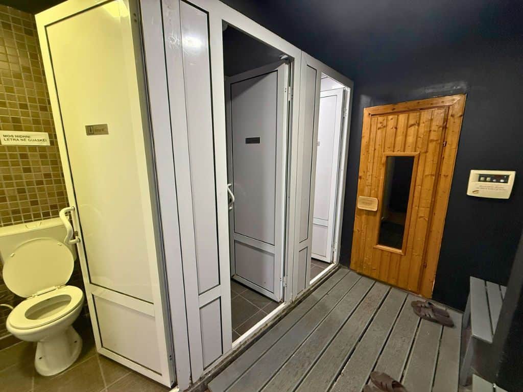 Toilet, shower stall, and sauna