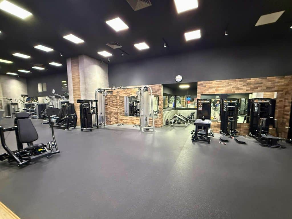 Side view with gym equipment including a pull up bar