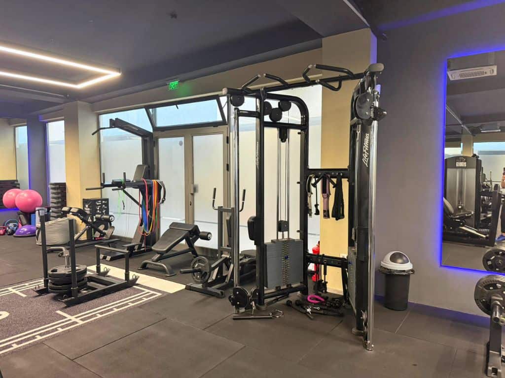 Dominor Fitness corner with sled pull, accessories, cable machine, bands, pull-up